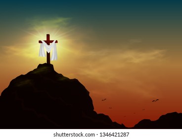 Christian religious design for Easter celebration. Resurrection of Jesus Christ. The dawn of the new morning and the cross is empty. Vector illustration