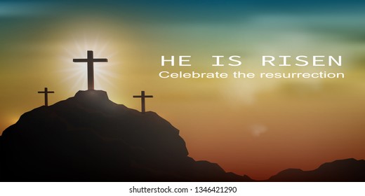 Christian religious design for Easter celebration. Resurrection of Jesus Christ. The dawn of the new morning and the cross is empty. Vector illustration