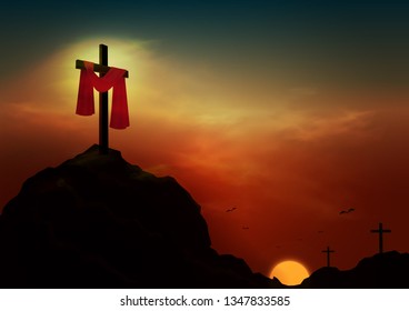 Christian religious design for Easter celebration. Resurrection of Jesus Christ. The dawn of the new morning and the cross is empty. Vector illustration