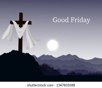 Christian religious design for Easter celebration. Resurrection of Jesus Christ. The dawn of the new morning and the cross is empty. Vector illustration