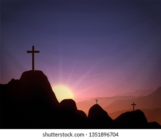 Christian religious design for Easter celebration. Resurrection of Jesus Christ. The dawn of the new morning and the cross is empty. Vector illustration