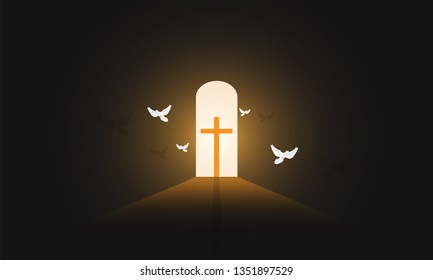 Christian religious design for Easter celebration. Resurrection of Jesus Christ. The dawn of the new morning and the cross is empty. Vector illustration