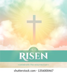 Christian religious design for Easter celebration. Rectangular vertical vector banner with text: He is risen, shining Cross and heaven with white clouds.