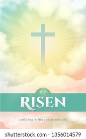 Christian religious design for Easter celebration. Rectangular vertical vector banner with text: He is risen, shining Cross and heaven with white clouds.