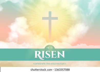 Christian religious design for Easter celebration. Rectangular horizontal vector banner with text: He is risen, shining Cross and heaven with white clouds.