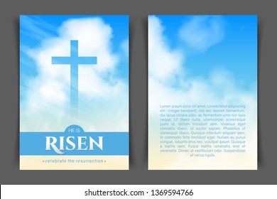 Christian Religious Design For Easter Celebration. Two-sided Vertical Flyer. Text: He Is Risen, Shining Cross And Heaven With White Clouds.