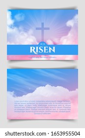 Christian religious design for Easter celebration. Two-sided horizontal flyer. Text: He is risen, shining Cross and heaven with white clouds.