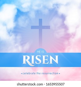 Christian religious design for Easter celebration. Square flyer. Text: He is risen, shining Cross and heaven with white clouds.