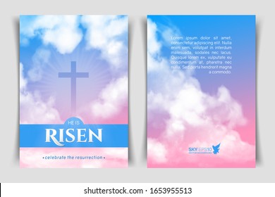 Christian Religious Design For Easter Celebration. Two-sided Vertical Flyer. Text: He Is Risen, Shining Cross And Heaven With White Clouds.