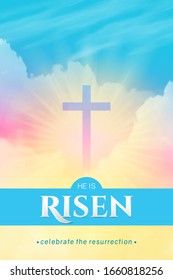 Christian religious design for Easter celebration. Rectangular vertical vector banner with text: He is risen, shining Cross and heaven with white clouds.