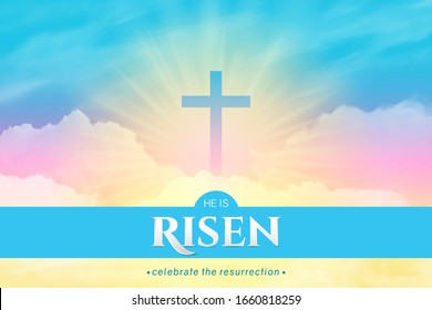 Christian religious design for Easter celebration. Rectangular horizontal vector banner with text: He is risen, shining Cross and heaven with white clouds.