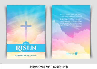 Christian Religious Design For Easter Celebration. Two-sided Vertical Flyer. Text: He Is Risen, Shining Cross And Heaven With White Clouds.