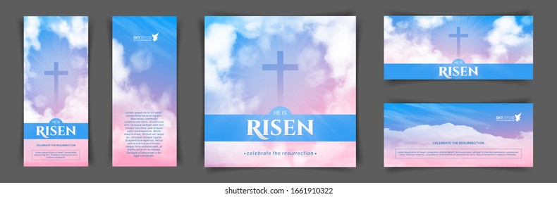 Christian religious design for Easter celebration. A set of vector banners. Text: He is risen, shining Cross and heaven with white clouds.