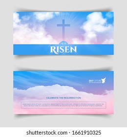 Diseño religioso cristiano para la celebración de Pascua. Banners vectoriales horizontales estrechos. Texto: Se levanta, brilla Cruz y cielo con nubes blancas.