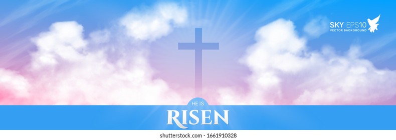 Christian religious design for Easter celebration. Narrow horizontal vector banner. Text: He is risen, shining Cross and heaven with white clouds.