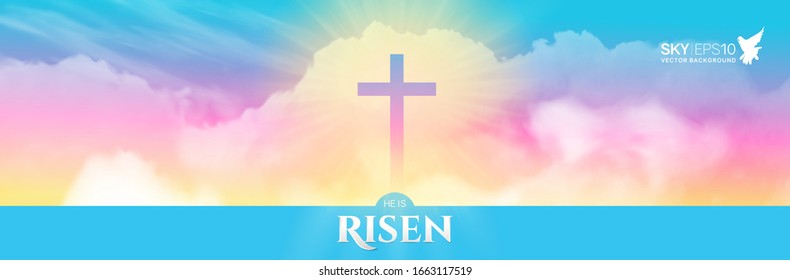 Christian religious design for Easter celebration. Narrow horizontal vector banner. Text: He is risen, shining Cross and heaven with white clouds.