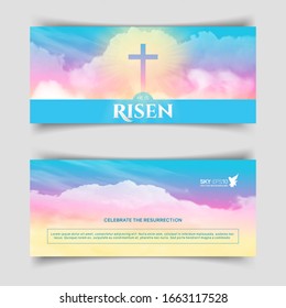 Christian religious design for Easter celebration. Narrow horizontal vector banners. Text: He is risen, shining Cross and heaven with white clouds.