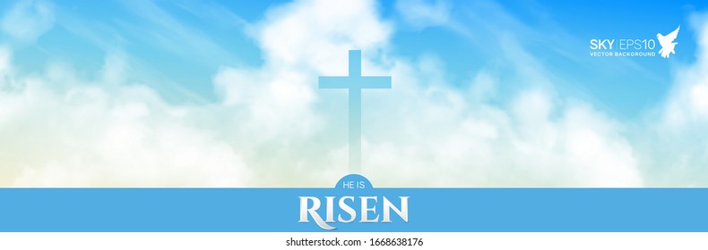 Christian religious design for Easter celebration. Narrow horizontal vector banner. Text: He is risen, shining Cross and heaven with white clouds.