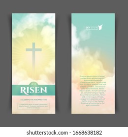 Christian religious design for Easter celebration. Narrow vertical vector banners. Text: He is risen, shining Cross and heaven with white clouds.