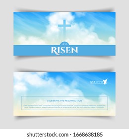 Christian religious design for Easter celebration. Narrow horizontal vector banners. Text: He is risen, shining Cross and heaven with white clouds.