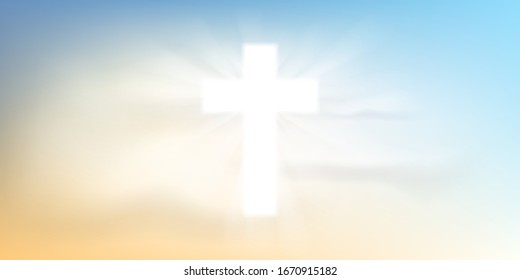 Christian religious design for Easter celebration, shining Cross and white clouds. Vector illustration.