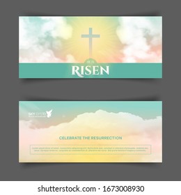 Christian religious design for Easter celebration. Narrow horizontal vector banners. Text: He is risen, shining Cross and heaven with white clouds.