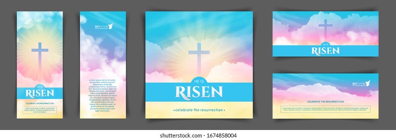 Christian religious design for Easter celebration. A set of vector banners. Text: He is risen, shining Cross and heaven with white clouds.