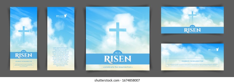 Christian religious design for Easter celebration. A set of vector banners. Text: He is risen, shining Cross and heaven with white clouds.