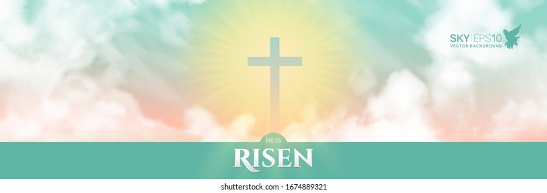 Christian religious design for Easter celebration. Narrow horizontal vector banner. Text: He is risen, shining Cross and heaven with white clouds.