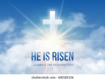 Christian religious design for Easter celebration, text He is risen, shining Cross and heaven with white clouds. Vector illustration.