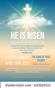 Christian religious design for Easter celebration. Church poster, flyer and other. Text He is risen, shining Cross and heaven with white clouds. Vector illustration.