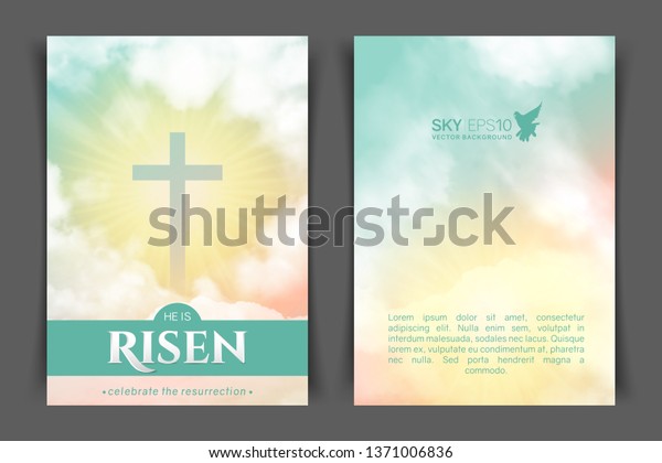Christian religious design for Easter\
celebration. Two-sided vertical flyer. Text: He is risen, shining\
Cross and heaven with white\
clouds.