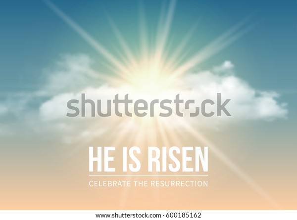 Christian religious design for Easter\
celebration, text He is risen, shining Cross and heaven with white\
clouds. Vector\
illustration.