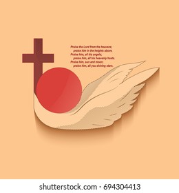 Christian religious emblem symbolizing the salvation of mankind from sin. The Christian cross, the sun and the wings of a bird on a light background.