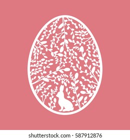 Christian religious holiday of Easter. Label with the hare and willow in the egg. Vector illustration.