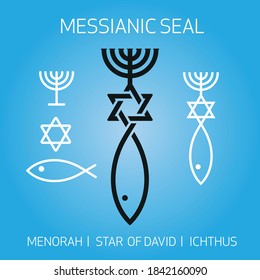 Christian religious Ichthus Fish Symbol of Messianic Judaism and David star joined together with the Israel Menorah.