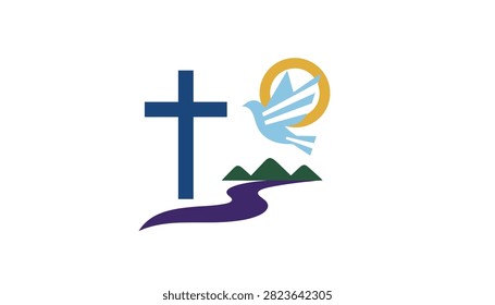 Christian religious logo featuring a cross, a flying dove, mountains, and a flowing river to symbolize spirituality and peace.