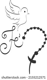 Christian Rosary beads. Prayer Catholic chaplet with the Holy Cross. Use as poster, card, flyer, T Shirt design or Tattoo