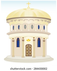 Christian rotunda with Byzantine elements, cupola, portico, ornate windows at the top and bottom, a large door with carvings and ornaments entrance stairs circuit