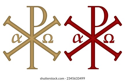 Christian Sacred Chi Rho Symbol- Alpha And Omega Version Vector Illustration. Religious Sign. Christianity. The Labarum Or Chi Rho Symbol