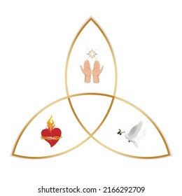 Christian sacred symbol, Holy Trinity sign, three hypotheses as one God: the Crown for the Father, the Cross for the Son of Jesus Christ and the Holy Spirit as a dove isolated on white background.
