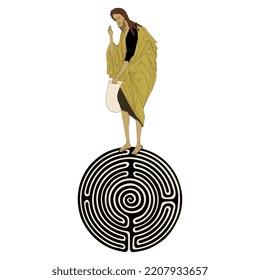 Christian saint man standing on top of a round spiral maze or labyrinth symbol. Russian Orthodox style. Isolated vector illustration.