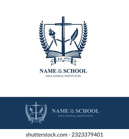 Christian school logo. Academy logo crest from higher education. College logo. Symbol of cross, quill, torch, book and education. Best for educational institutes. Shield with wreath. 