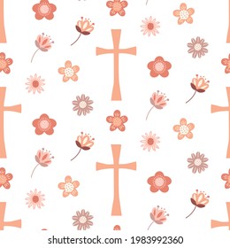 Christian seamless pattern. Background with Christian cross and flowers. Baptism and catholic religious symbols. 