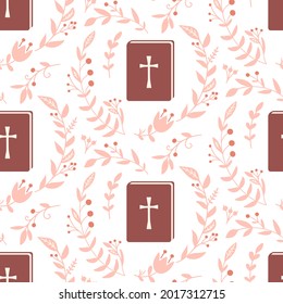 Christian seamless pattern. Background with cross, bible, gospel and floral elements. Faith vector illustration. Baptism and catholic religious symbols. 