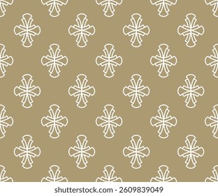 Christian seamless pattern religion white outline crosses icons for Easter holiday spring design decor golden luxury style. Vector illustration
