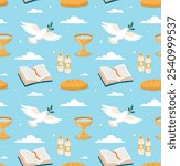 Christian seamless pattern. Repeating design element for printing on fabric. Candles, cup of water, dove and Bible. Faith and religion. Catholicism and Baptistism. Flat vector illustration