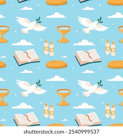 Christian seamless pattern. Repeating design element for printing on fabric. Candles, cup of water, dove and Bible. Faith and religion. Catholicism and Baptistism. Flat vector illustration