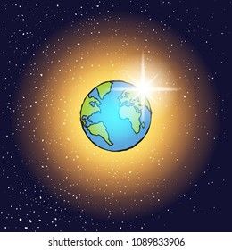 Christian Seven Days of Creation concept. Day Four, the stars, the sun and the moon. Genesis. Bible creation story. Earth illustration cartoon with sun and stars behind in dark space. Vector.
