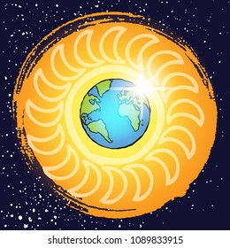 Christian Seven Days of Creation concept. Day Four, the stars, the sun and the moon. Genesis. Bible creation story. Earth illustration cartoon with sun and stars behind in dark space. Vector.